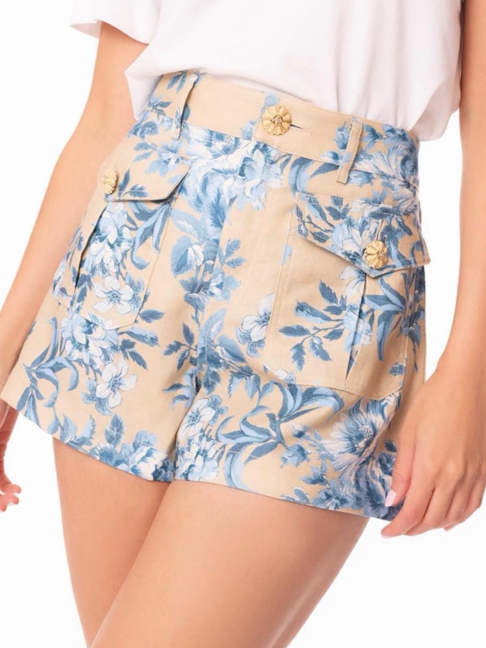 Cara Cara Beige Floral High Waist Shorts with Blue Print